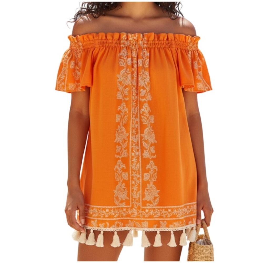 SHOW ME YOUR MUMU Orange WOODSTOCK TASSEL Floral OFF-THE-SHOULDER Tunic Top Sz M
